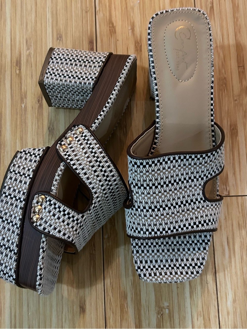 Cato Black and White Woven Block Heel Sandals